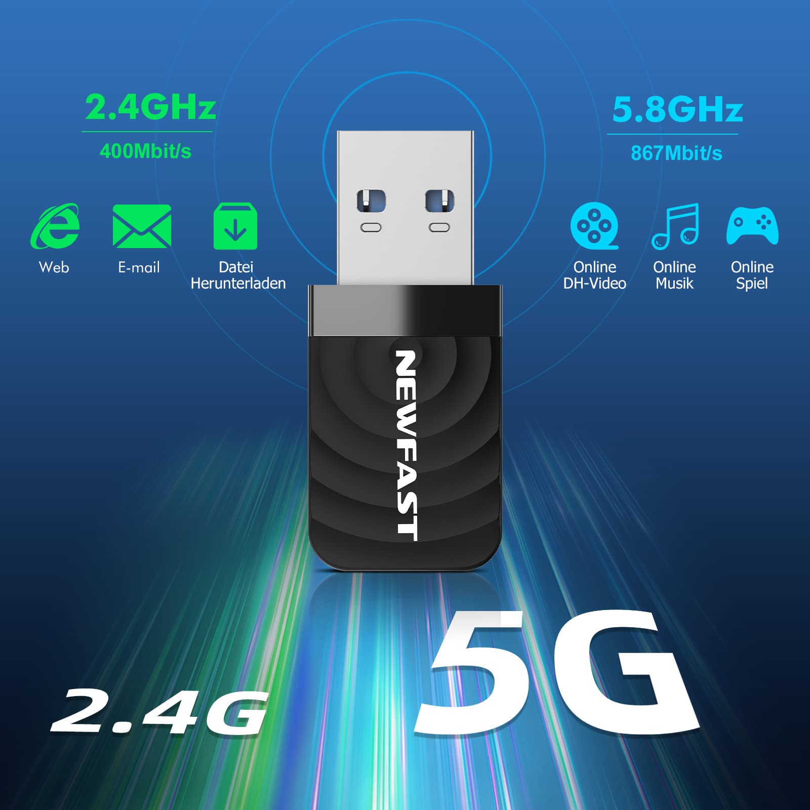 NEWFAST 1300 Mbit/s WLAN Stick Für PC - Leistungsstarker WiFi Adapter Mit 4 Antennen & Dual-Band
