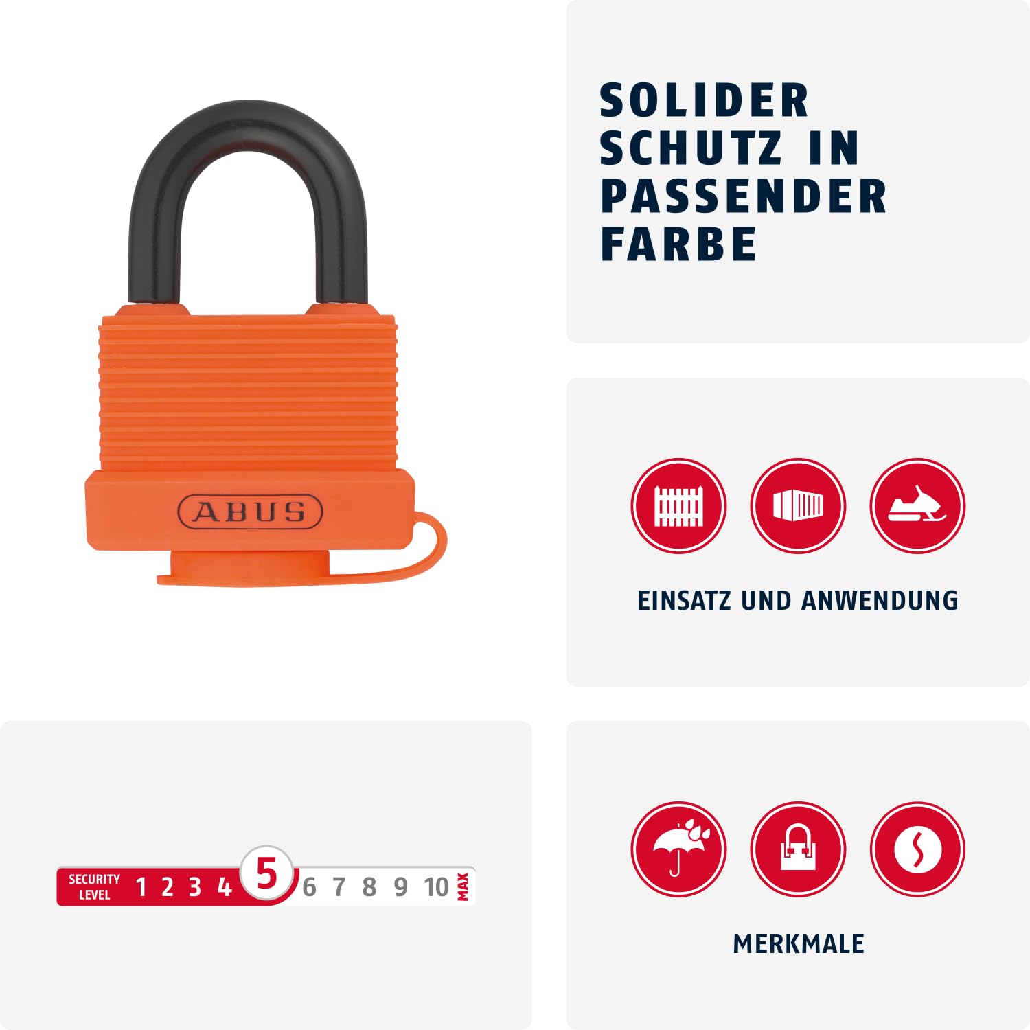 ABUS Lucchetto 70AL/45 in Alluminio Massiccio - Resistente alle Intemperie - con Calotta Protettiva e Rivestimento in Plastica - Livello di Sicurezza ABUS 5 - Arancione