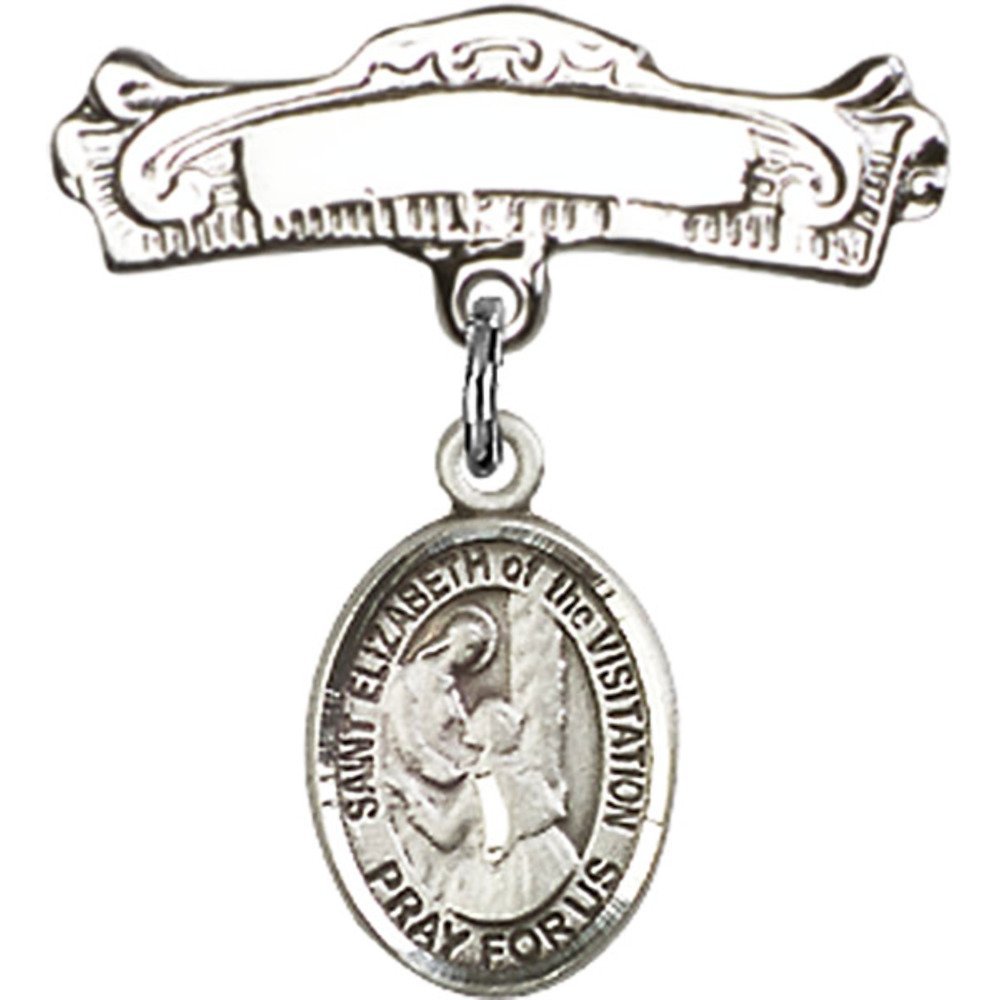 Sterling Silver Baby Badge with St. Elizabeth of The Visitation Charm and Arched Polished Badge Pin 7/8 X 7/8 inches