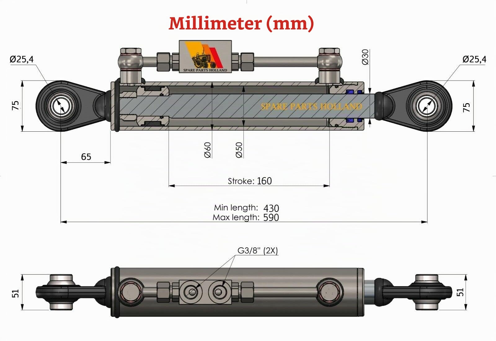 Hydraulischer Oberlenker Kat. 2-2 mit Sperrblock 430-590 mm mit 2 x Schlauch