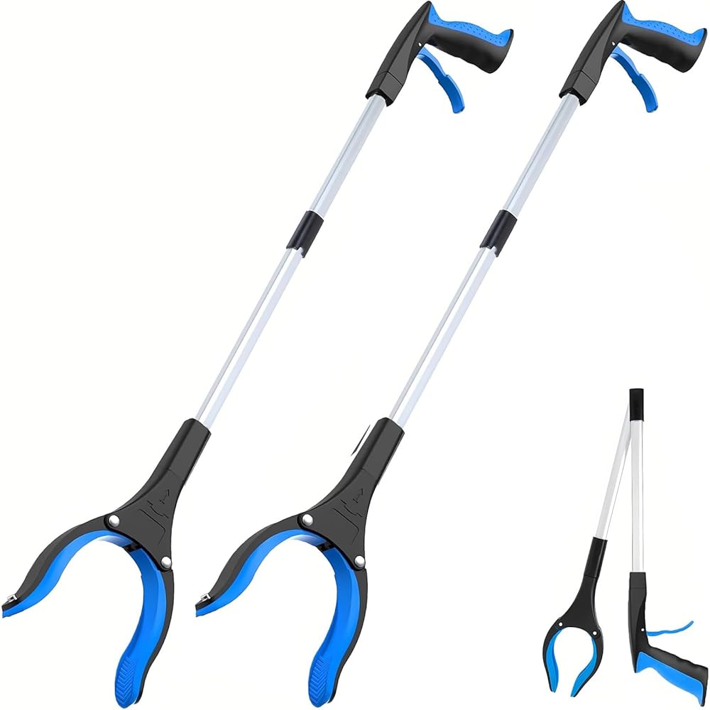Grabber Reacher Tool - 32 Extra Long Foldable Gripper and Reaching Tool - Heavy Duty Pick Up Stick Grabbers for Seniors, Trash, Surgery Recovery Must Haves Gifts (Blue-2pc)