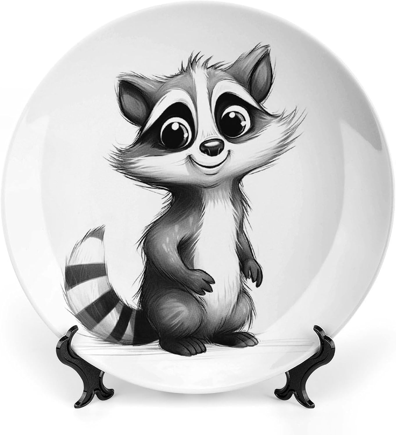 Raccoon Painting Ceramic Decorative Plate for Office Decor, Chinese Style Decorative Dish with Stand, Dinner Dish Decorative Plates for Wall Hanging Bone Collections Plates 10inch