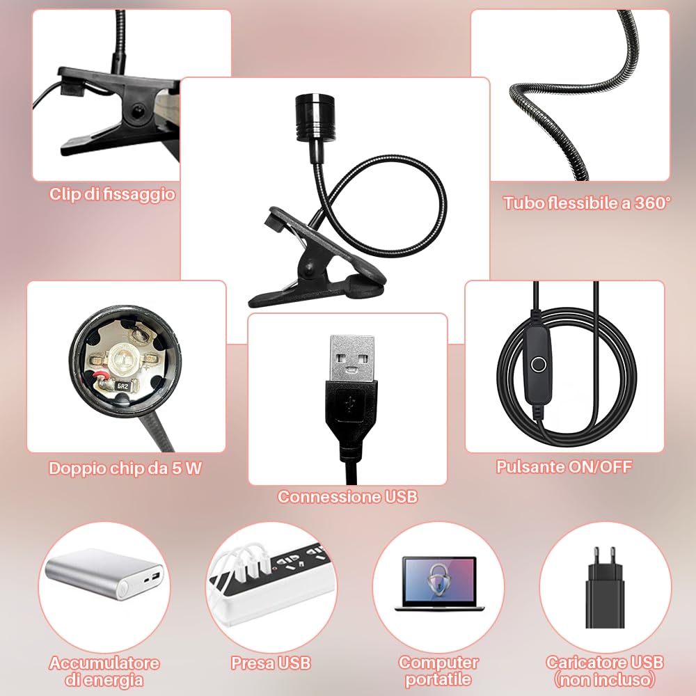 Lampada Unghie LED UV Professionale,5W Lampada a LED UV per Manicure,Mini Lampada UV professionale per Asciugatura Unghie a Clip,Lampada UV per Colla,Unghie Finte,Gel Ricostruzione Unghie