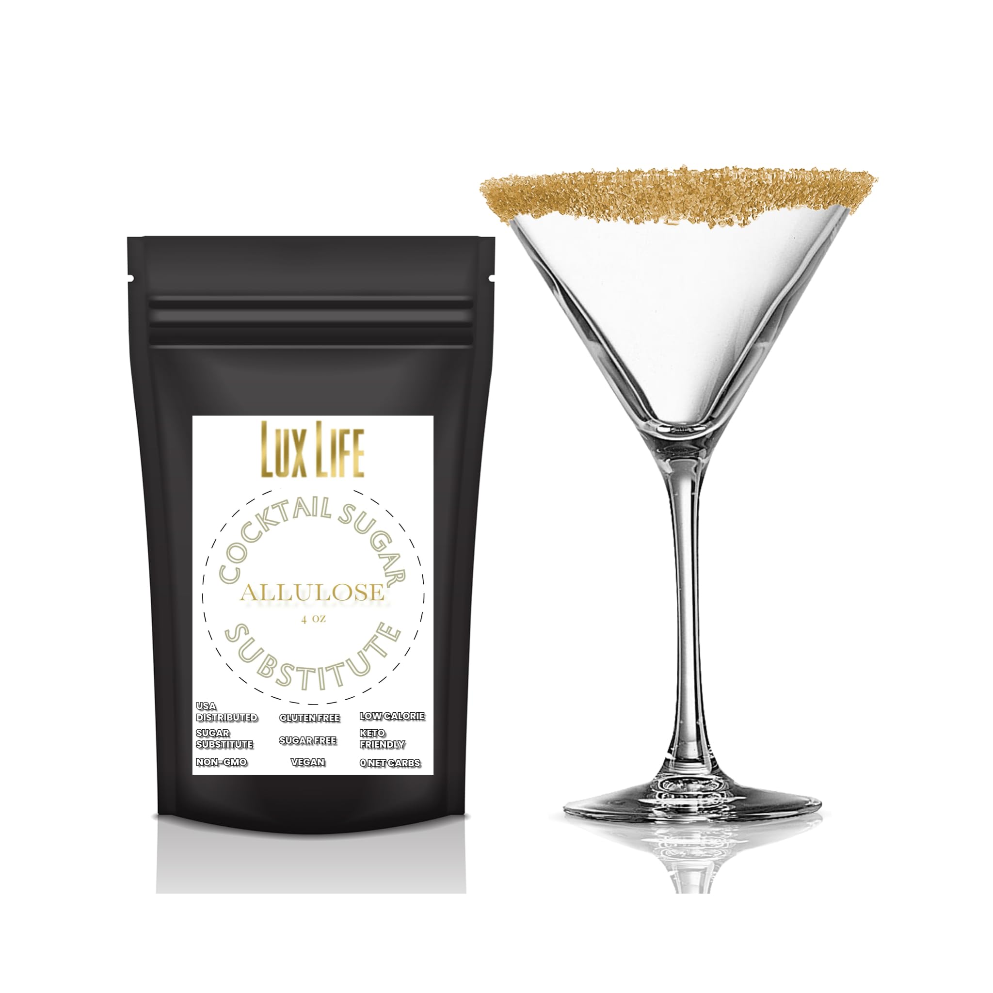 Cocktail Rim Sugar - All-Natural Fruit & Veg Coloring, Gluten-Free Vegan GMO-Free (Gold Allulose Sugar Substitute, 4 Ounce (Pack of 1))