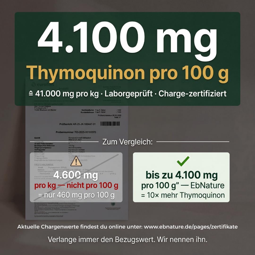 E.B. Nature Schwarzkümmelöl ungefiltert kaltgepresst & ungefiltert – Laborgeprüftes Nigella sativa Öl mit 4% Thymochinongehalt, mühlenfrisch und 100% naturrein (250ml, 1, stück)