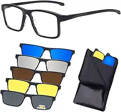 Armação De Óculos para Grau Masculino, Mais 5 Clip On Óculos De Sol, Troca as Lentes, Proteção UV, Cinza Polarizado, Amarelo Noturno, Quadrado Redondo Retangular