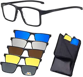 Armação De Óculos para Grau Masculino, Mais 5 Clip On Óculos De Sol, Troca as Lentes, Proteção UV, Cinza Polarizado, Amarelo Noturno, Quadrado Redondo Retangular