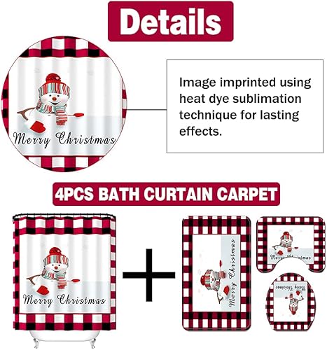 Miniatura 24 de Juego de 4 cortinas de ducha con alfombra antideslizante, cubierta para tapa de inodoro y tapete de baño, cortina de ducha de Papá Noel con 12 Papá