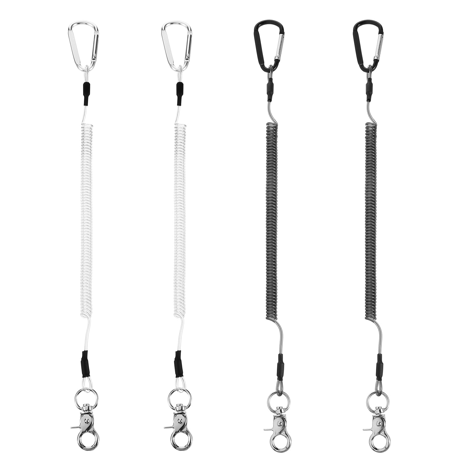 4Pcs Heavy Duty Fishing Lanyard Retractable Tool Lanyard Stretchy Coiled Lanyards For Keys Steel Wire Coiled Lanyard With Carabiner Keychain For Fishing Pole Fishing Rod Hand Tools (Black,Transparent)