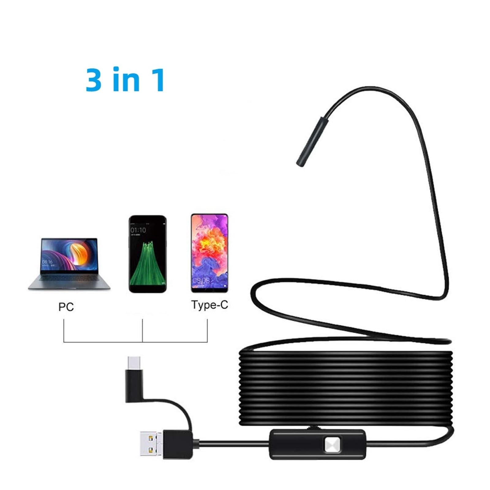 Endoscopio Industrial De Alcantarillado De 5,5 Mm/7 Mm Tubería Endoscopia Tipo C Mini Cámara De Serpiente Flexible Boroscopio Automotriz 3 En 1 Puerto USB Micro-USB Tipo C(1m,7mm Hard Cable)