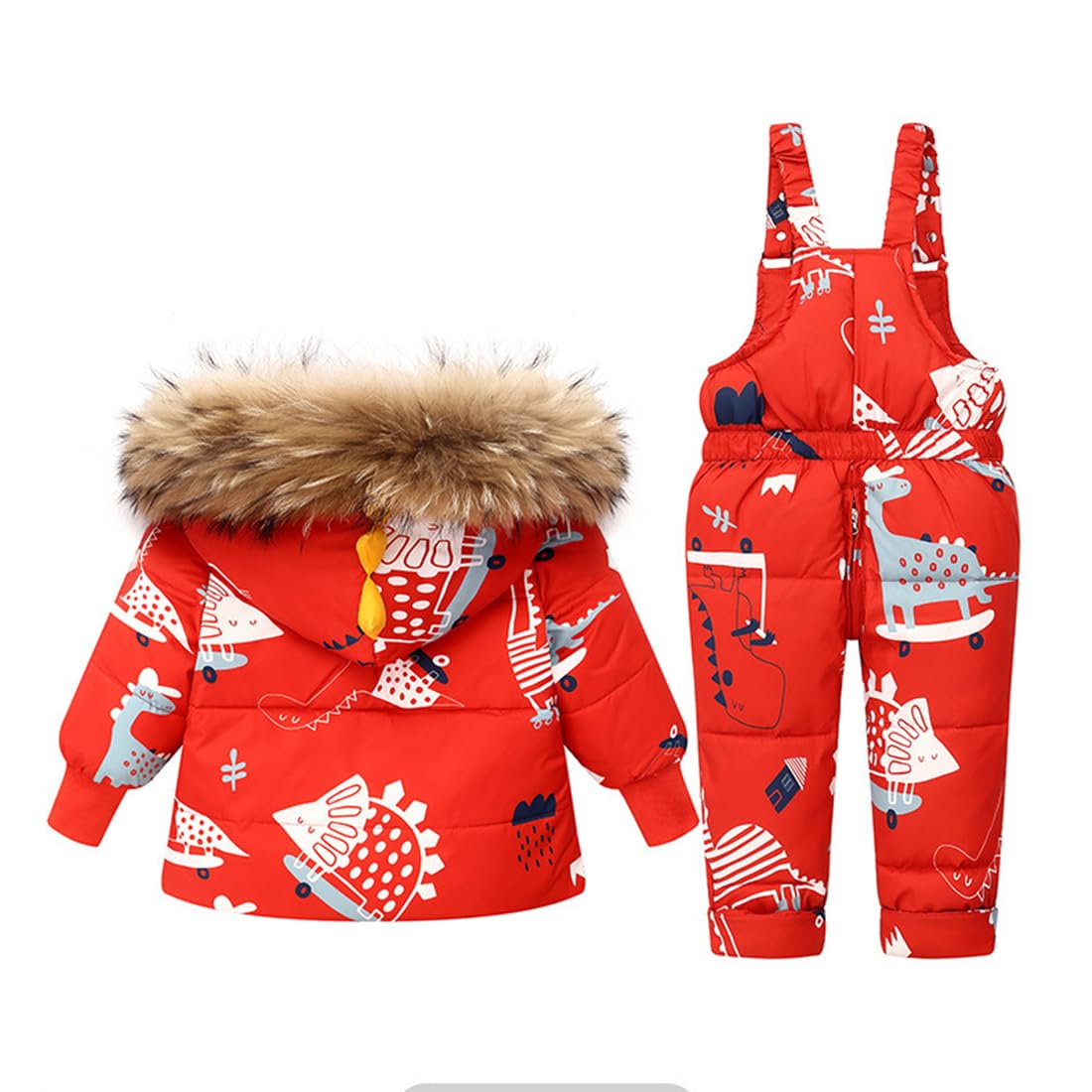 Trajes de Nieve 2 Piezas para Bebé Niña Invierno Chaqueta de Plumón Dinosaurios Abrigo con Babero de Nieve Pantalones Niños Traje de Esquí Ropa