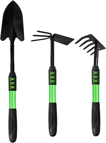 Juego de herramientas de jardín, paquete de 3 herramientas de jardinería resistentes, incluye pala de jardín, paleta de trasplante y rastrillo de