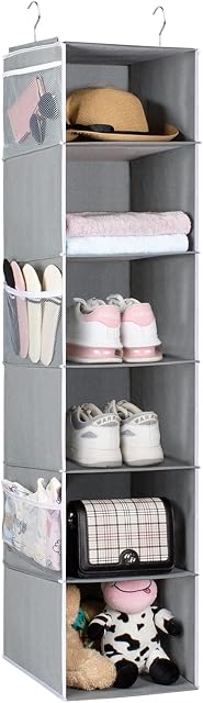 Univivi Hanging Wardrobe Storage Organiser, 6 Tiers Hanging Storage Shelves with 6 Side Mesh Pockets Canvas Foldable with Hooks for Clothes Shoes Toys Books, Glacier Grey(30 x 30 x 132cm)