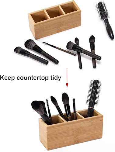 Miniatura 8 de PELYN Organizador de brochas de maquillaje para tocador, organizador de cepillos de pelo para encimera de baño, bambú