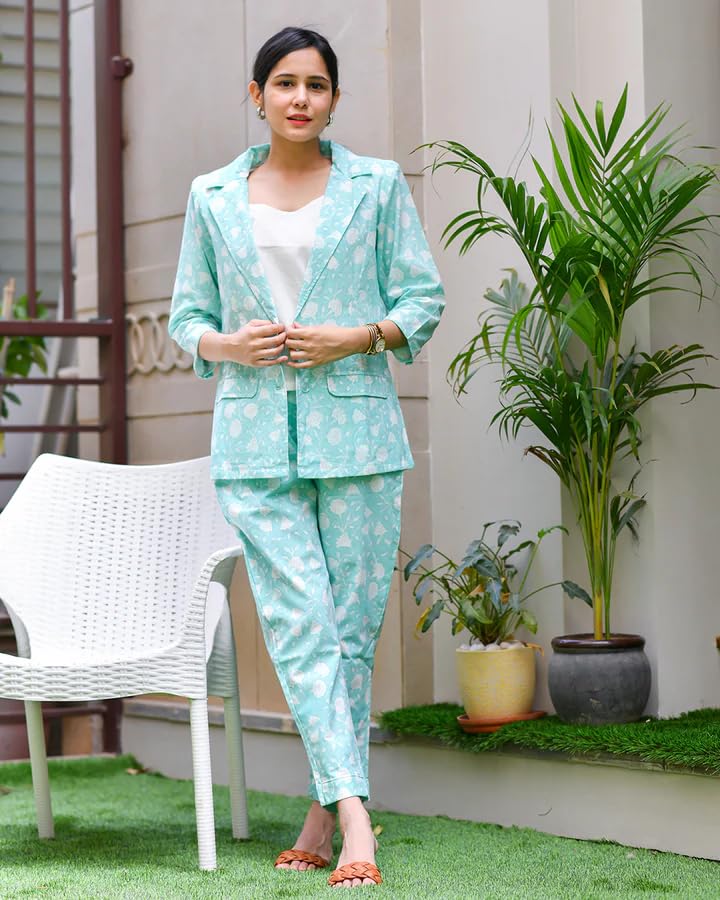 Leriya Fashion Women Rayon Floral Regular Relaxed Fit Full Sleeve Co-Ord Blazer Trouser Set(Available In 2Xl And 3Xl) (Lf-K-W1783&Tr842_Light Blue_S)