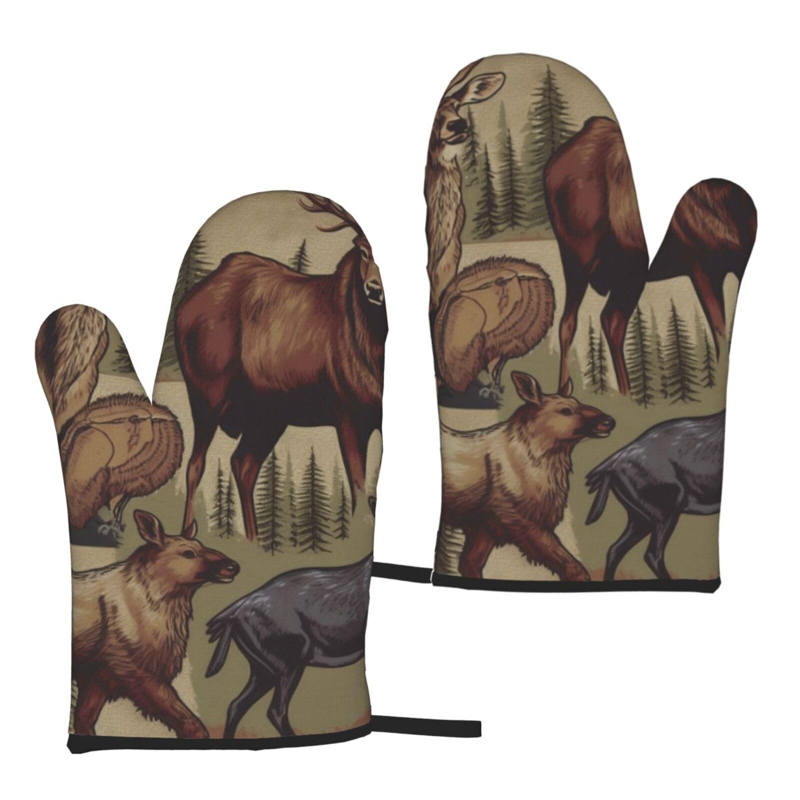 Moose Bear Deer Printed Oven Mitts Sets 2 PCS Heat Resistant and Non-Slip Glove Potholder for Kitchen Cooking Baking Grilling