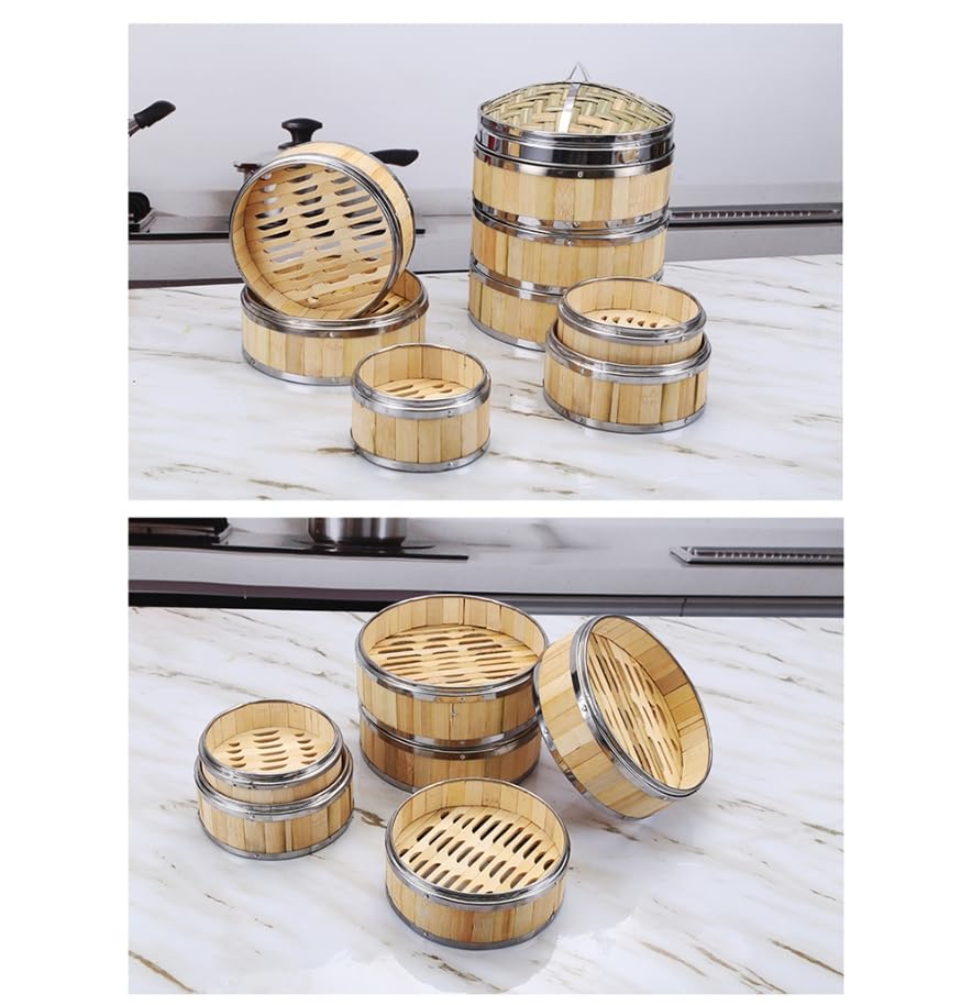 Luminexia Vaporera Bambu,Vaporera Cocinar Vapor,Cesta De Vapor De Bambú para Cocina,2 Niveles / 3 Niveles Olla Vapor De Bambú con Bandas De Acero Inoxidable,Cocina De Arroz Natural Chino con Tapa