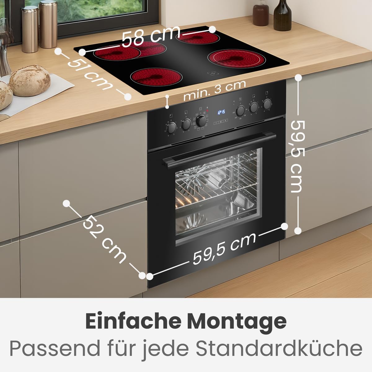 Bomann Herd-Kochfeld-Kombination 60cm Grill Heißluft Energieklasse A 9 Funktionen Glaskeramik-Kochfeld 57L Einbauherd Ceranfeld EHBC 7938