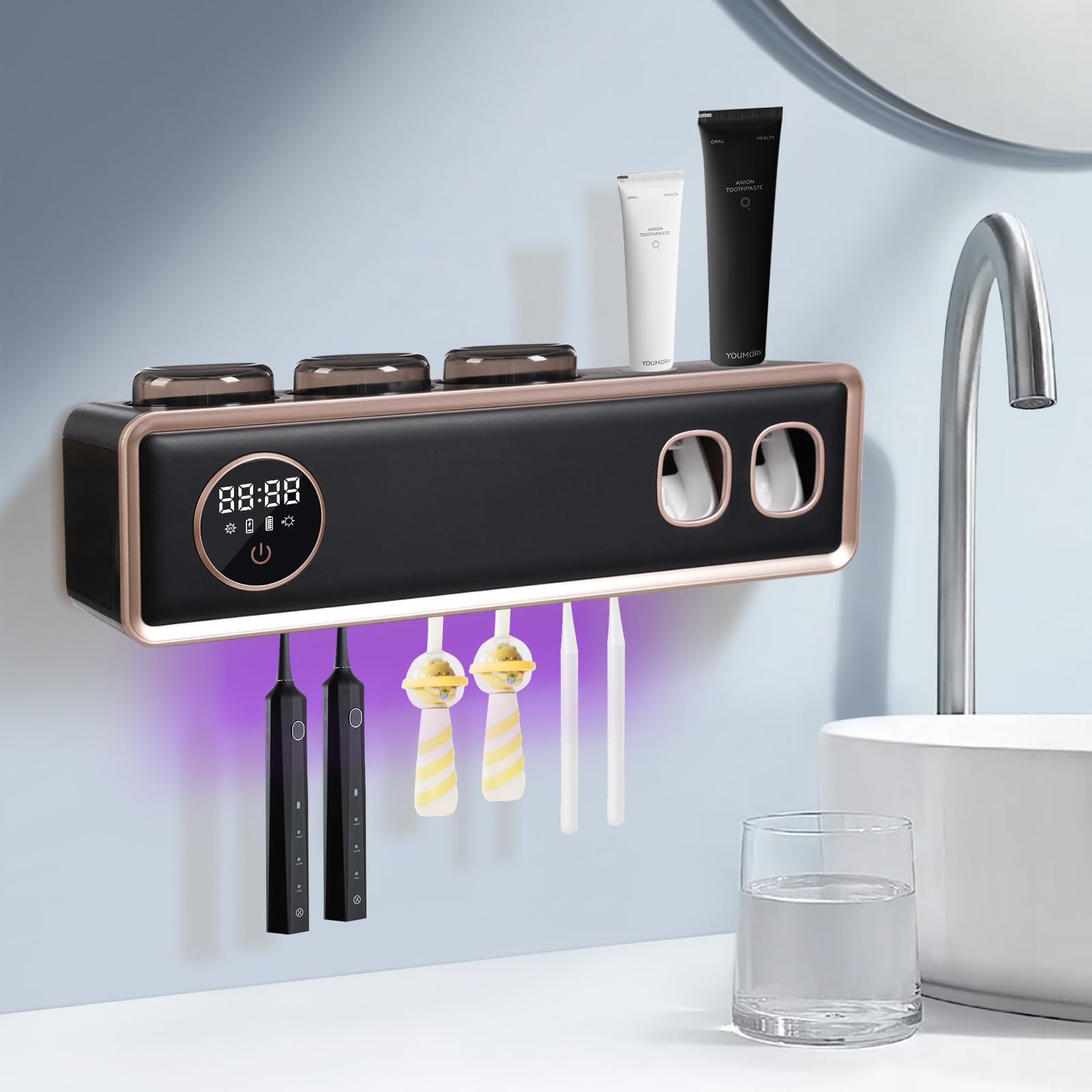 Cepillo de dientes desinfectante UV, soporte para cepillo de dientes con indicador LED, montaje en pared, dispensador de pasta de dientes, recargable por USB, 30 días con una sola carga (negro)