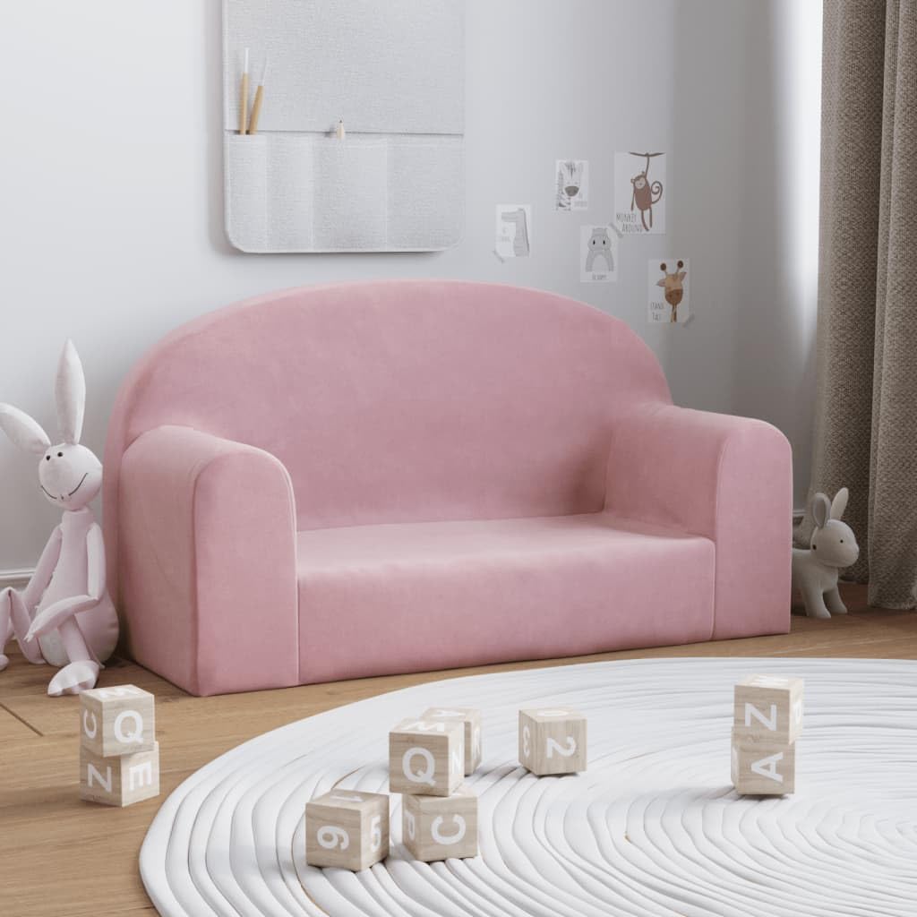 Kindersofa 2-Sitzer Rosa aus weichem Plüsch mit abnehmbarem Bezug 84x34x45 cm für Kinderzimmer bequem gepolstert mit Schaumstoff sicher und leicht zum Spielen und Entspannen