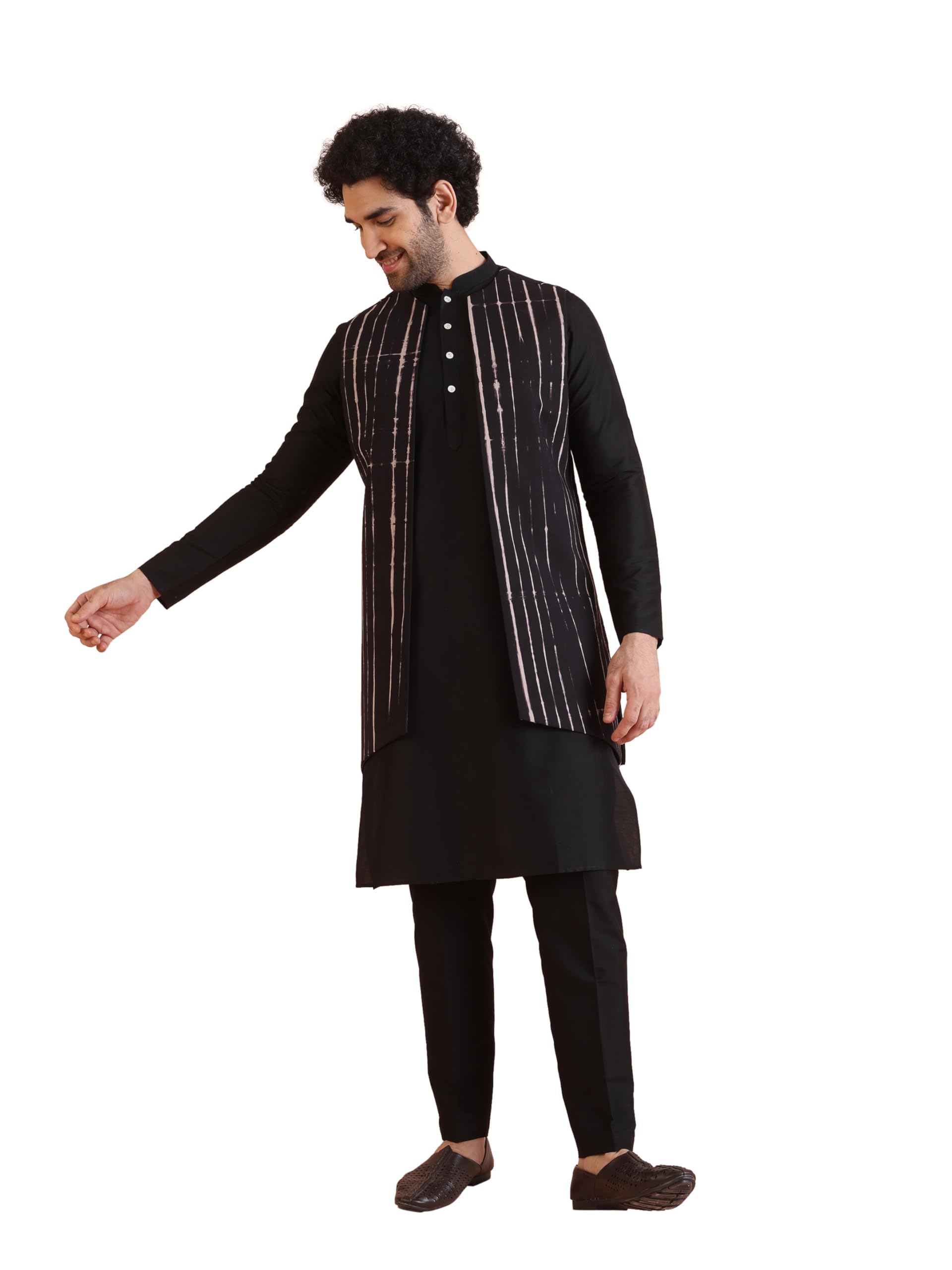 Kisah Men's Cotton Blend Full Sleeves Regular Fit Printed Pure Black Kurta Jacket Trousers Set, 44