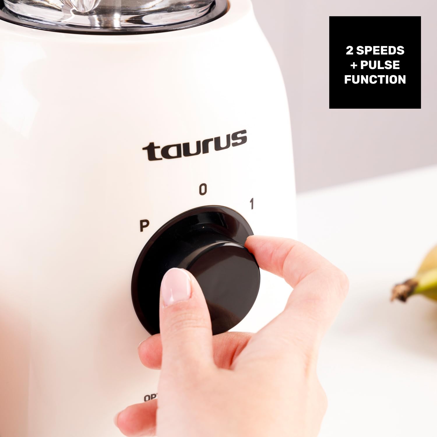 Taurus - Batidora de Vaso Potente 1500W | 21.500 rpm | Jarra Cristal 1,5L | Cuchillas Acero Inoxidable | Función Pica Hielo | 2 Velocidades + Turbo | Seguro | Diseño Vintage