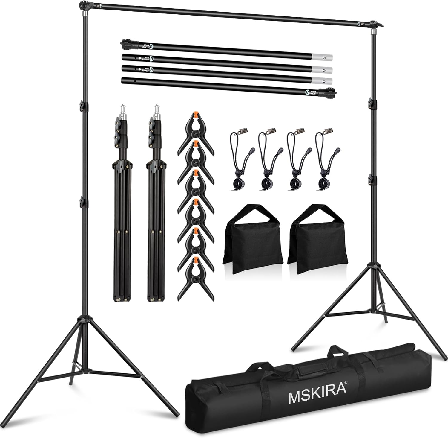 10 x 6.9 Ft Photo Backdrop Support Stand, MSKIRA Adjustable Background Stand, Backdrop Support System Kit for Parties Screen Back Drops Events Decoration, with 6 Clamps, 4 Clips, 2 Sandbags, Carry Bag