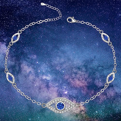 Image of Evil Eye Anklet Sterling Silver Infinity Lotus Flower Evil Eye Anklets for Women Ankle Bracelets Turkish Blue Eyes Protection Chain Jewelry
