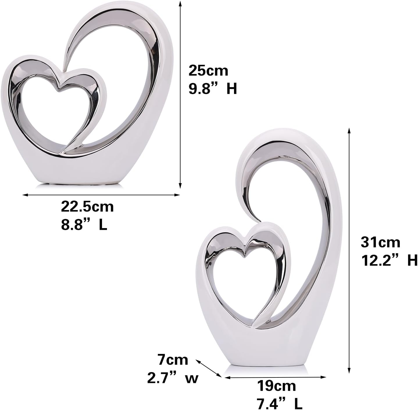 LCCCK Porcelain Double Heart Decor,White and Silver Sculpture Home Decor for Living Room Entryway Coffee Dining Table Shelves, Wedding Anniversary, Valentine's Gift for Couples & Lovers Modern