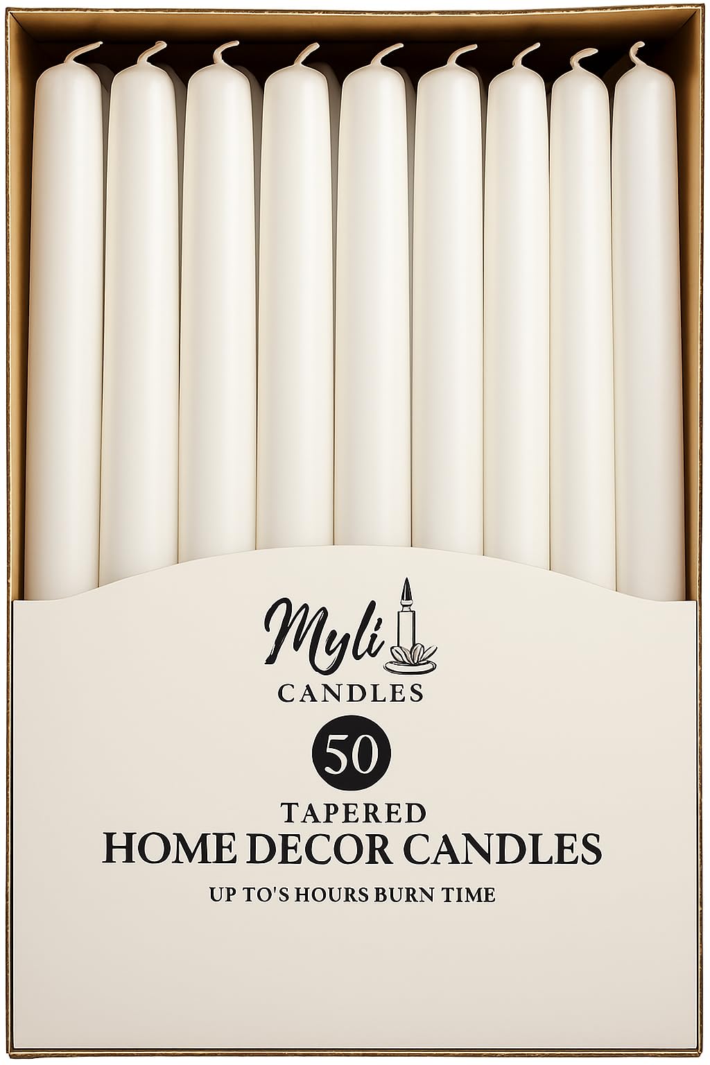 MyLight 10-Inch Taper Candles Unscented Wax Pack of 50-8 Hour Burn Time Sleek Tall Candles for Home Decor, Christmas Celebrations & Dining (50, White)