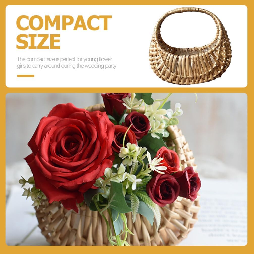 MAGICLULU Handwoven Rattan Flower Arrangement Basket Small Half Moon Woven Basket with Handle and Plastic Liner for Wedding Flower Girl Party Candy Storage and Home Decor 6.69X6.49X4.33 Inch