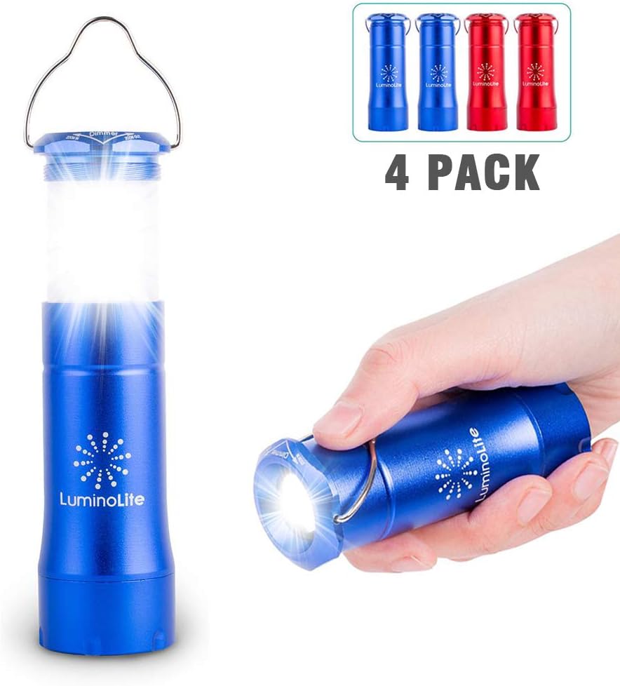 2 in 1 LED Lantern Flashlights 4 Pack with 12 AAA Batteries, 200 Lumens Smallest Lantern, 35 Hours Shining, Pocket Size. Survival Gear for Camping, Emergencies, Hurricane & Outage (Blue & Red)