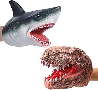 Odowalker Hand Puppet Dinosaur and Shark Hand Puppet Toys Battle Dinosaur Head Glove Rubber Shark Hand Puppets for Kids(2 PCS)