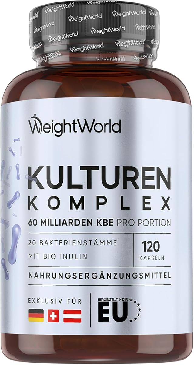 Kulturen Komplex mit 60 Mrd. KBE - 20 Bakterienstämme und Bio Inulin -120 vegane Kapseln - Bakterienkulturen mit Bifidobacterium, Lactobacillus Gasseri & Reuteri - 2 Monate Vorrat - WeightWorld