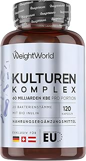 Kulturen Komplex mit 60 Mrd. KBE - 20 Bakterienstämme und Bio Inulin -120 vegane Kapseln - Bakterienkulturen mit Bifidobacterium, Lactobacillus Gasseri & Reuteri - 2 Monate Vorrat - WeightWorld