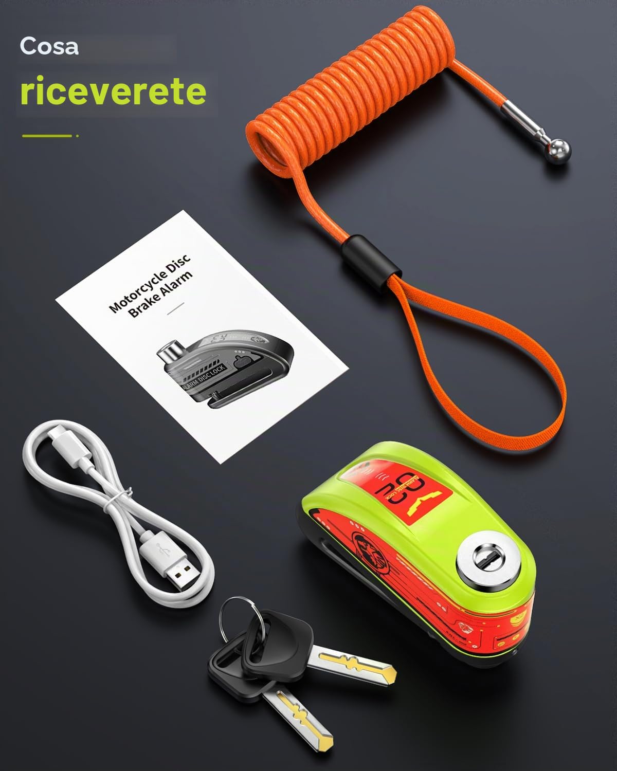 ZEXMTE Allarme a disco ricaricabile per moto, 120 dB, con cavo promemoria da 1,8 m, rinforzato, impermeabile, ad alta sicurezza, per moto, bici, scooter, e-bike, verde