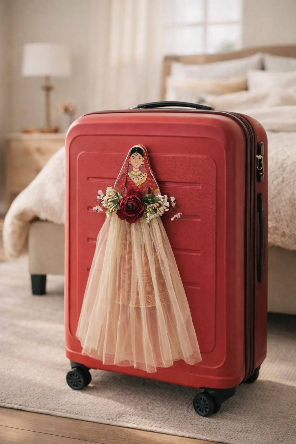 SATYAM KRAFT 2 Pcs Bride Gown Style Decorative Attachment for Small Bags | Net Gown Doll Design for Suitcase Decor, Trousseau Packing, Wedding Decor, Engagement & Gift Wrapping (Red)