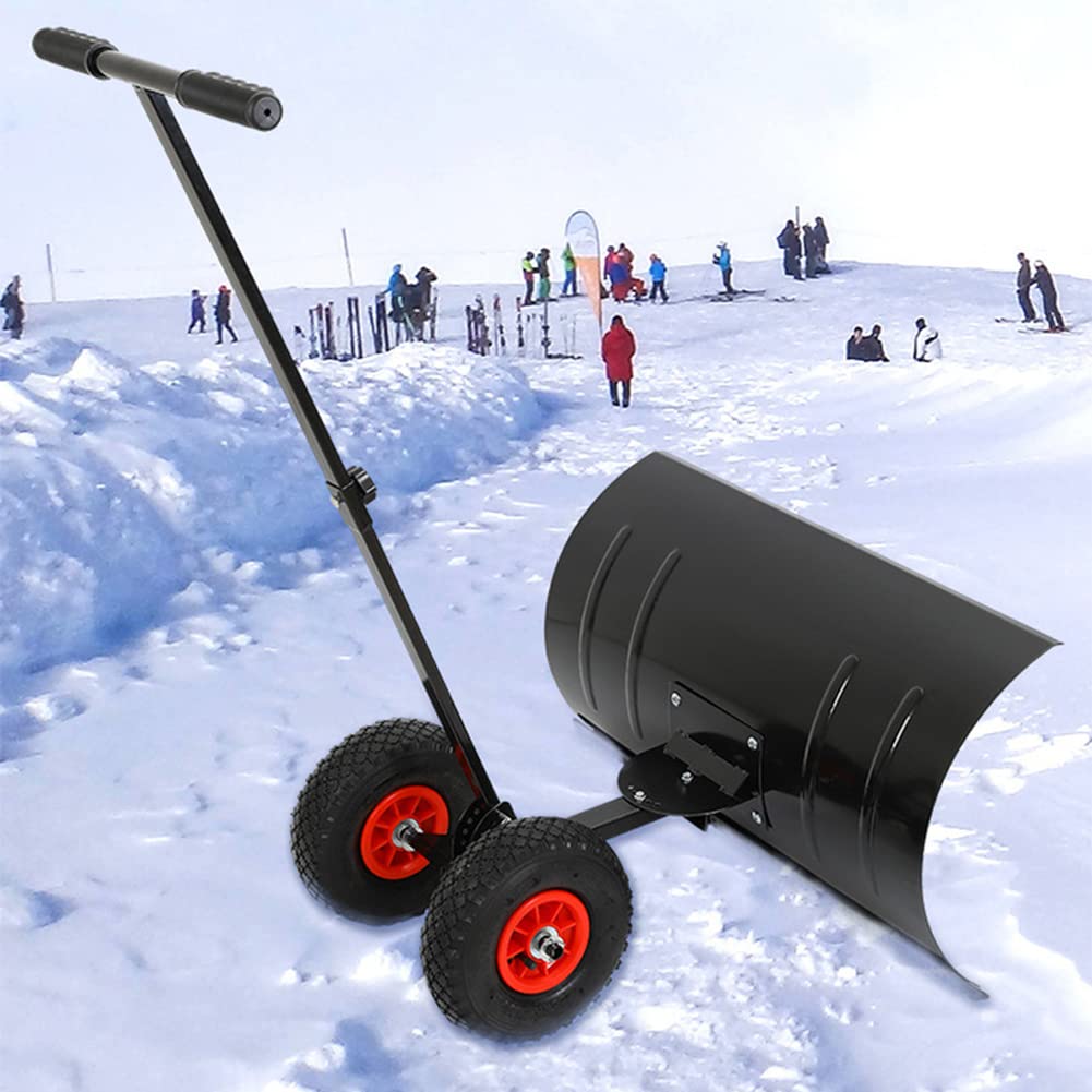 Pala de Nieve con Ruedas, empujador de Nieve de Metal Resistente, Herramienta de remoción de Nieve con Mango de ángulo Ajustable Acolchado, Hoja de 29", Ruedas de 10", Negro