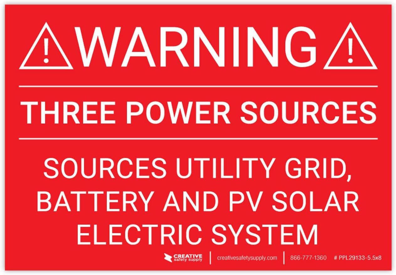 Warning: Three Power Sources Ultility Grid Battery and PV Solar - Arc Flash Label - 5.5" x 8" (Pack of 5)