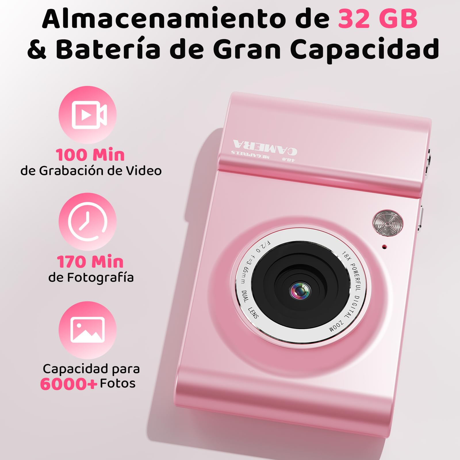 CHAKEYAKE Cámara Digital 4K, Cámara Fotográfica 64 MP con Autofoco, Zoom Digital 18X, Pantalla LCD de 2,4", Tarjeta de 32 GB, Filtros, Camara Compacta para Niños, Adolescentes Principiantes Vlog, Rosa