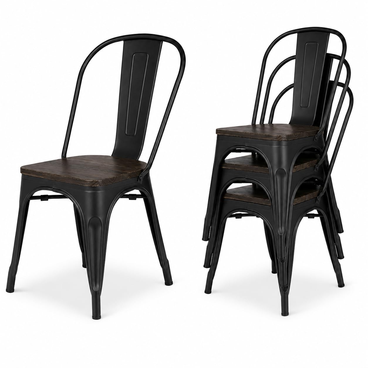 Kosmi Factory Set of 4 Industrial Chairs with Natural Wood Seat - Dining Chairs, Kitchen and Office Chairs - Matte Black Metal Frame - Stackable - Vintage Loft Style