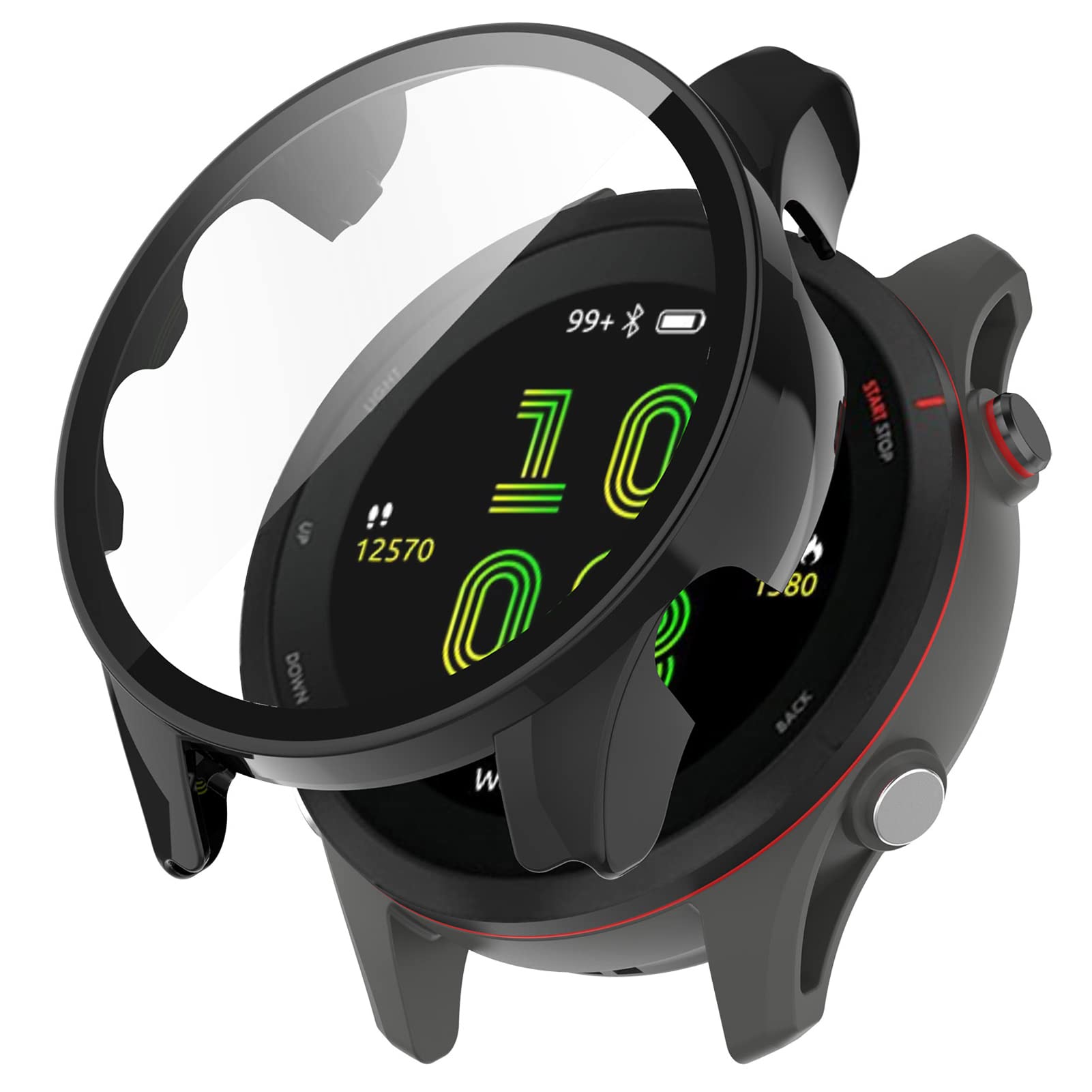 MOTONG PC Full Coverage Protective Watch Case Cover Tempered Glass Screen Protector Compatible for Garmin Forerunner 255(PC Black)