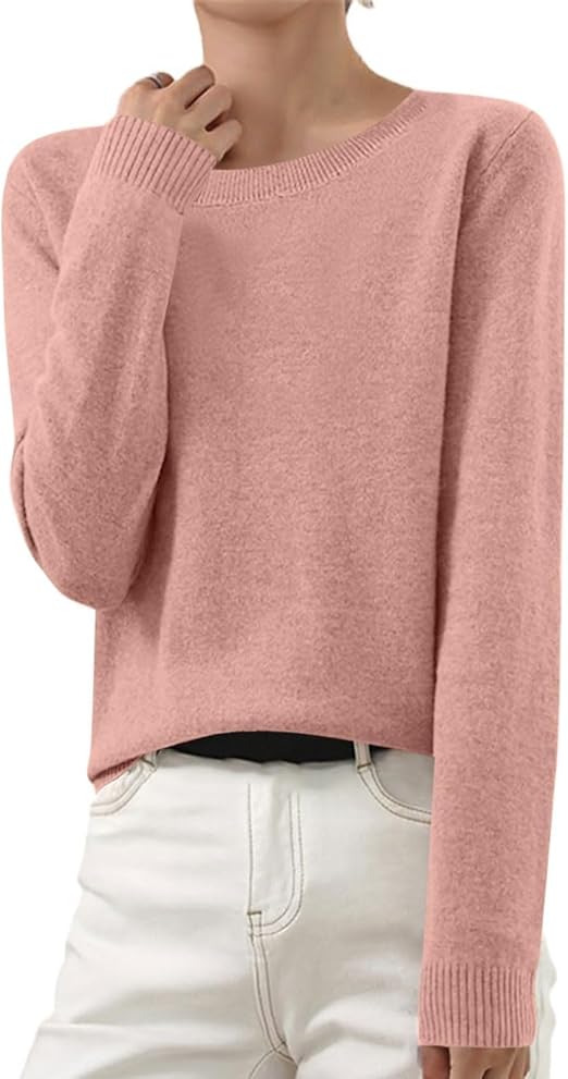OIOLOYJM Fall Cashmere Sweaters for Women 2025 Crewneck Long Sleeve Tops Knitted Pullovers Lightweight Merino Wool Sweater