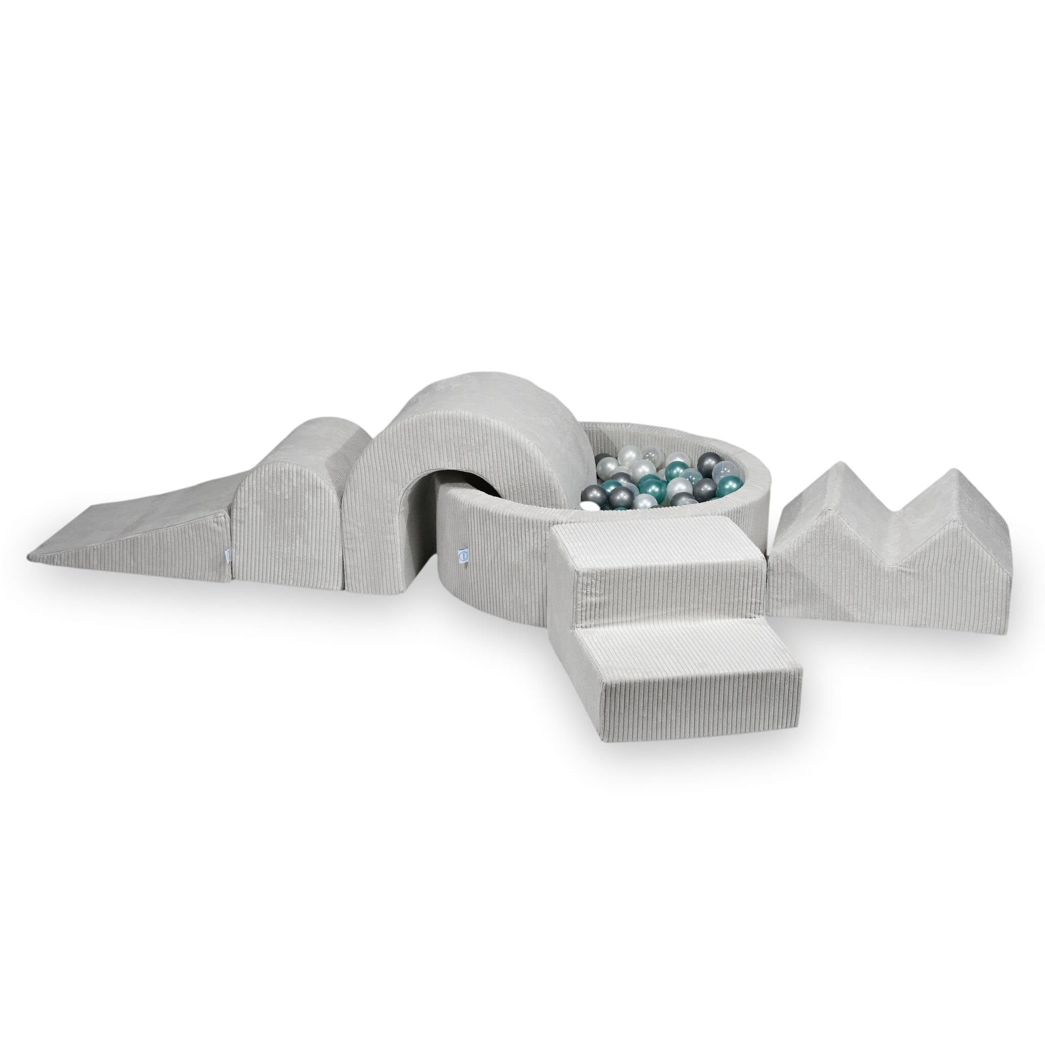 Mimii Parco giochi in gommapiuma con piscina di palline rotonda, 90 x 30 cm, colore grigio, 5 elementi, giocattolo da arrampicata per bambini e neonati, con 200 palline: trasparente/perla/argento