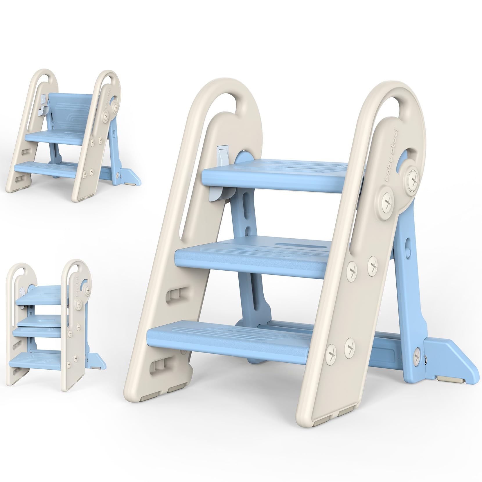 Onasti Foldable Step Stool for Kids, Adjustable 3 Steps for Kid Potty Training with Handles, Learning Tower, Toddler Step Stool for 18 Months to 8 Years, for Kitchen, Bathroom & Bedroom (Blue)