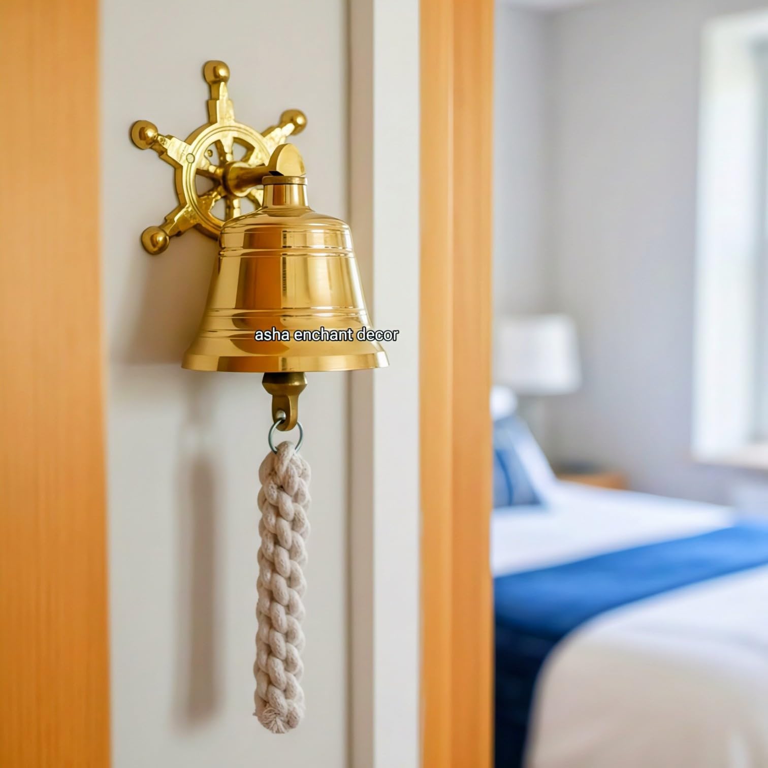 Brass Nautical Ship Bell with Ship Wheel Wall Mount, Hanging Door Bell, Antique Home Decor, Golden, 100% Solid Brass, Cotton Rope, 10x10x12 cm, 360g
