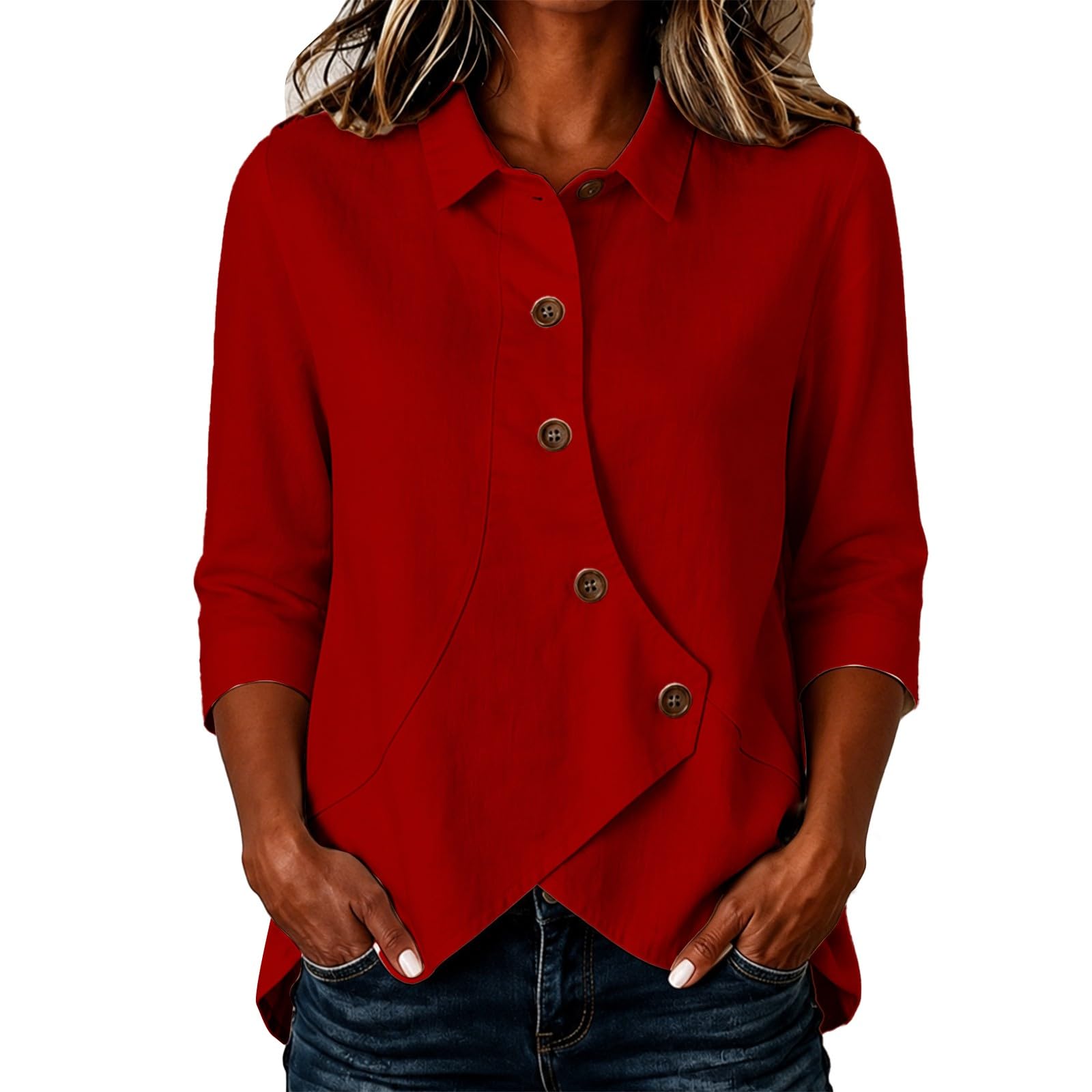 Chemisier à manches 3/4 pour femme, aspect lin, boutonnière asymétrique