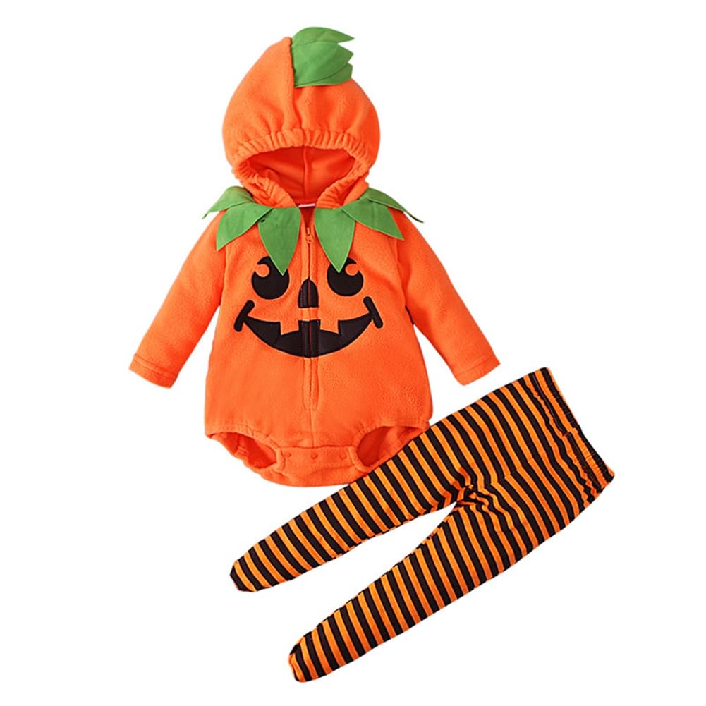 MiyanubyNewborn Baby Boy Girl Halloween Pumpkin Costume Toddler Cute Hooded Romper Pumpkins Cosplay Tops+Striped Pants Infant Clothes Outfit