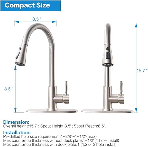 Miniatura 6 de Grifo de cocina de níquel cepillado con dispensador de jabón, grifo de fregadero de cocina con rociador extraíble, arco alto, mango único, grifo de