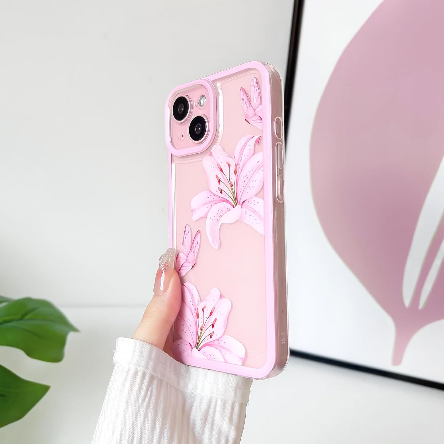 NITITOP Compatible with iPhone 14 Case Cute Durable Lily Flower Floral Butterfly Pattern for Women Girls Color Frame Slim Shockproof Protective Phone Cover - Pink - Image 7